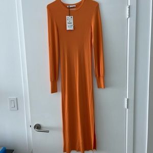 Zara Orange Ribbed Midi Dress, M
